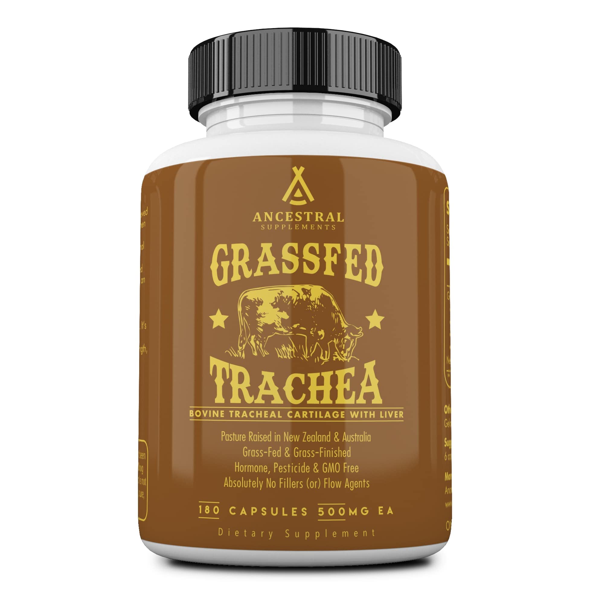 Ancestral Supplements bottle of grass-fed beef tracheal cartilage supports daily joint and immune balance.