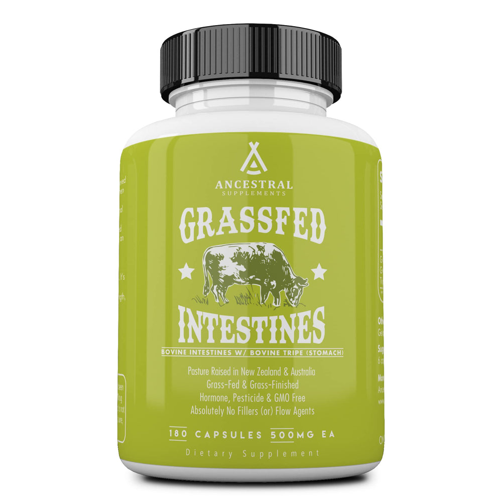 Ancestral Supplements grass-fed beef tripe bottle for digestion support.