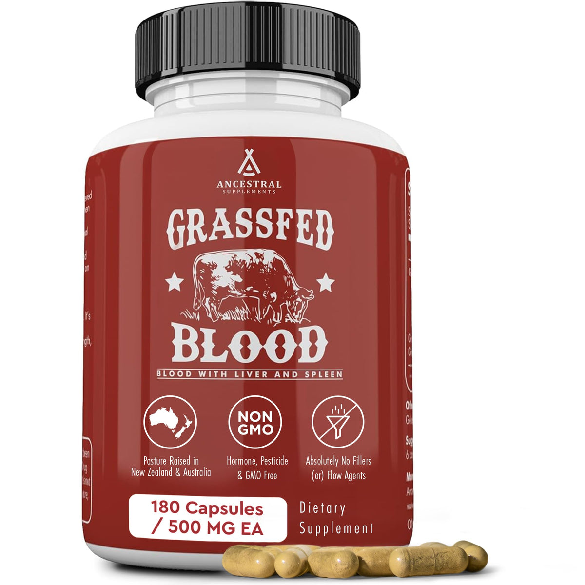 Ancestral Supplements Grass Fed Blood is Blood bottle front view suggesting immune and heart support