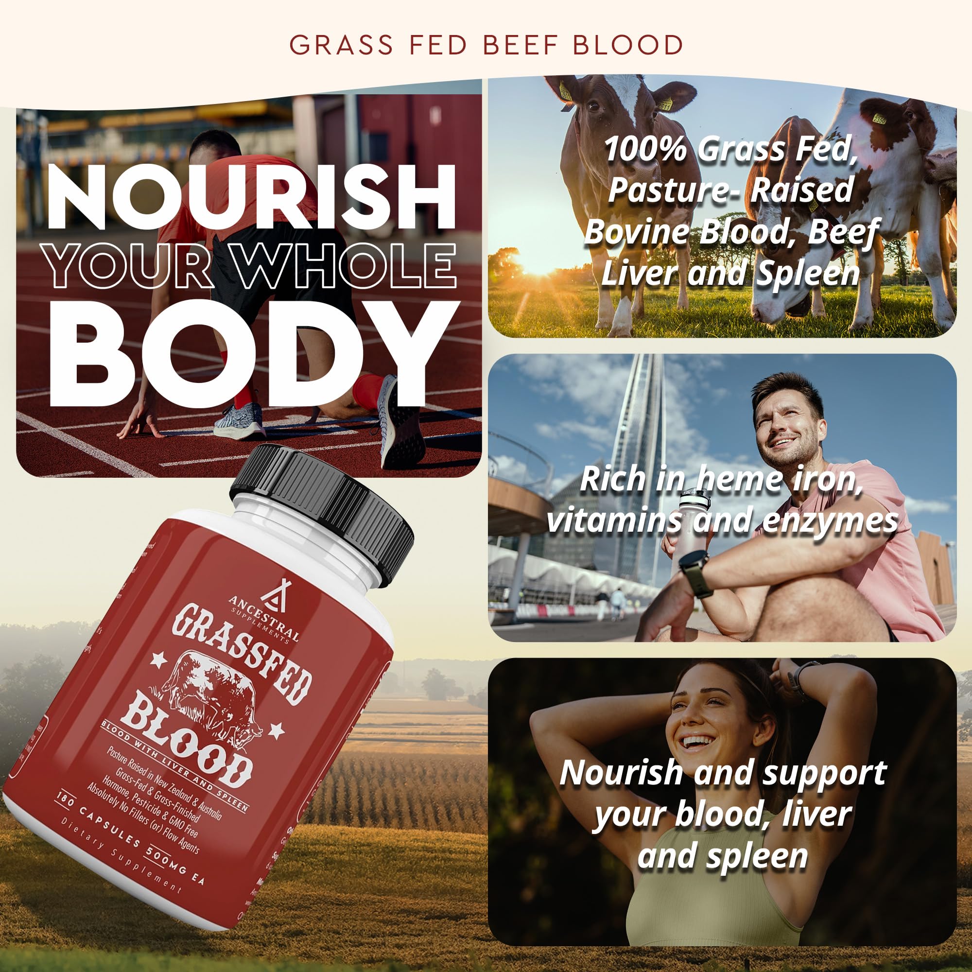 Ancestral Supplements Grass Fed Blood is Blood capsules closeup shows nutrient-dense form for energy