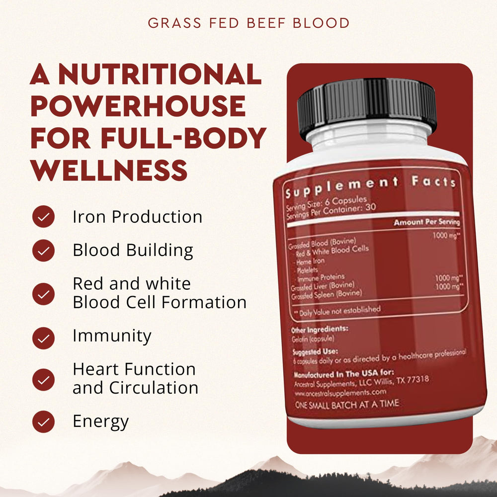 Ancestral Supplements Grass Fed Blood is Blood label highlights non-GMO purity