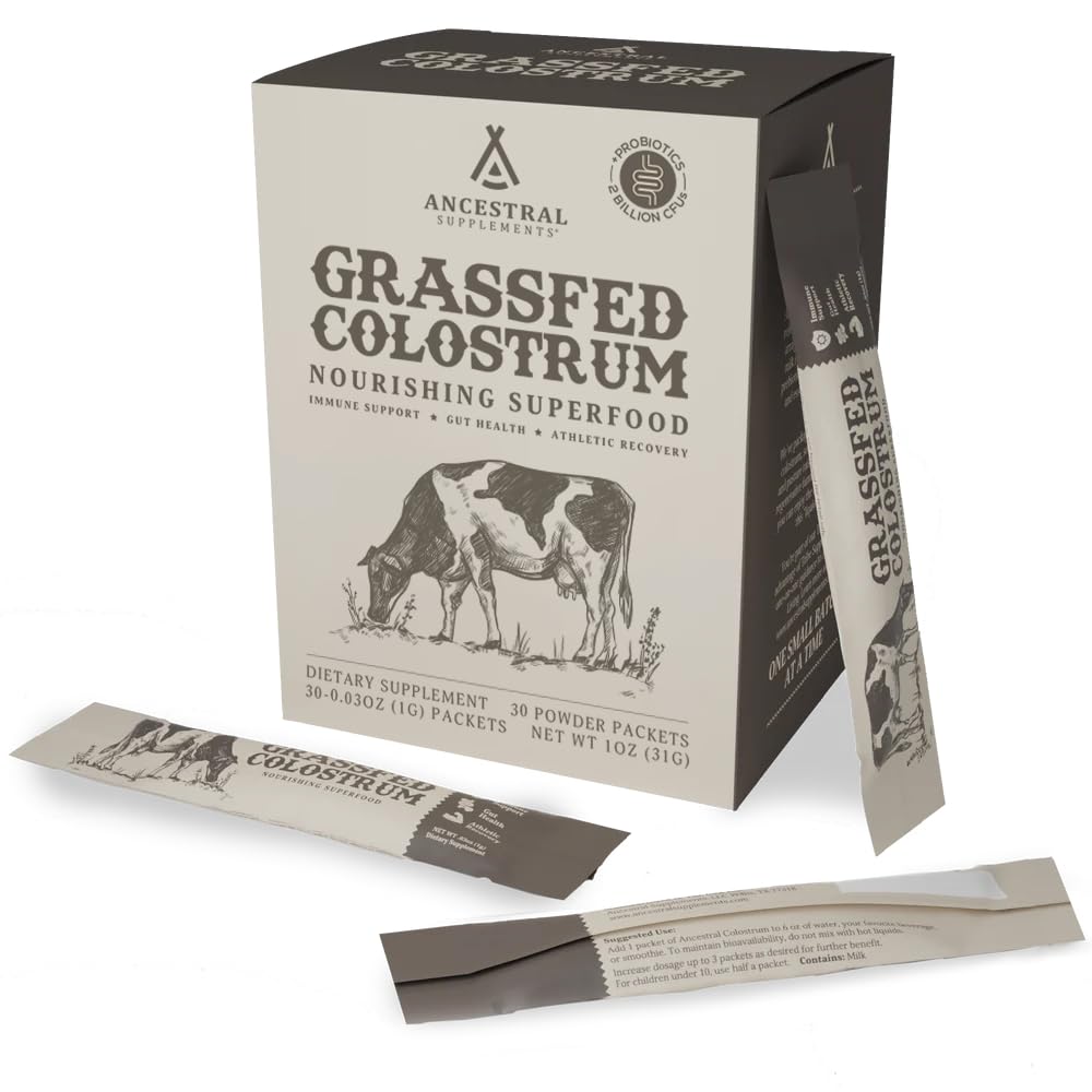 Ancestral Supplements grass-fed colostrum packet for on-the-go immune support.