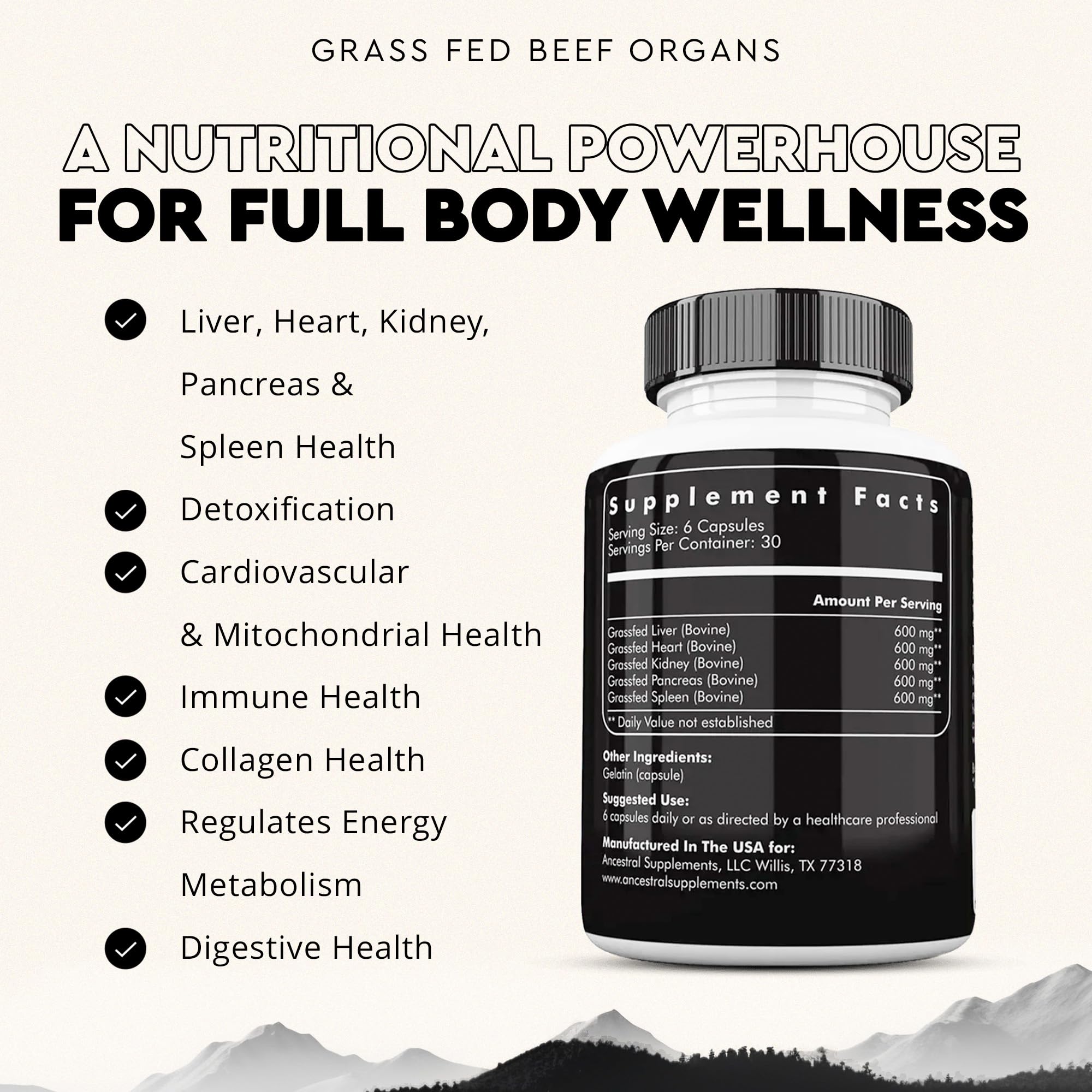Ancestral Supplements grass-fed kidney bottle emphasizing selenium and B12