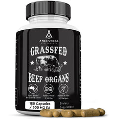 Ancestral Supplements grass-fed liver bottle showing nutrient-dense liver for energy support