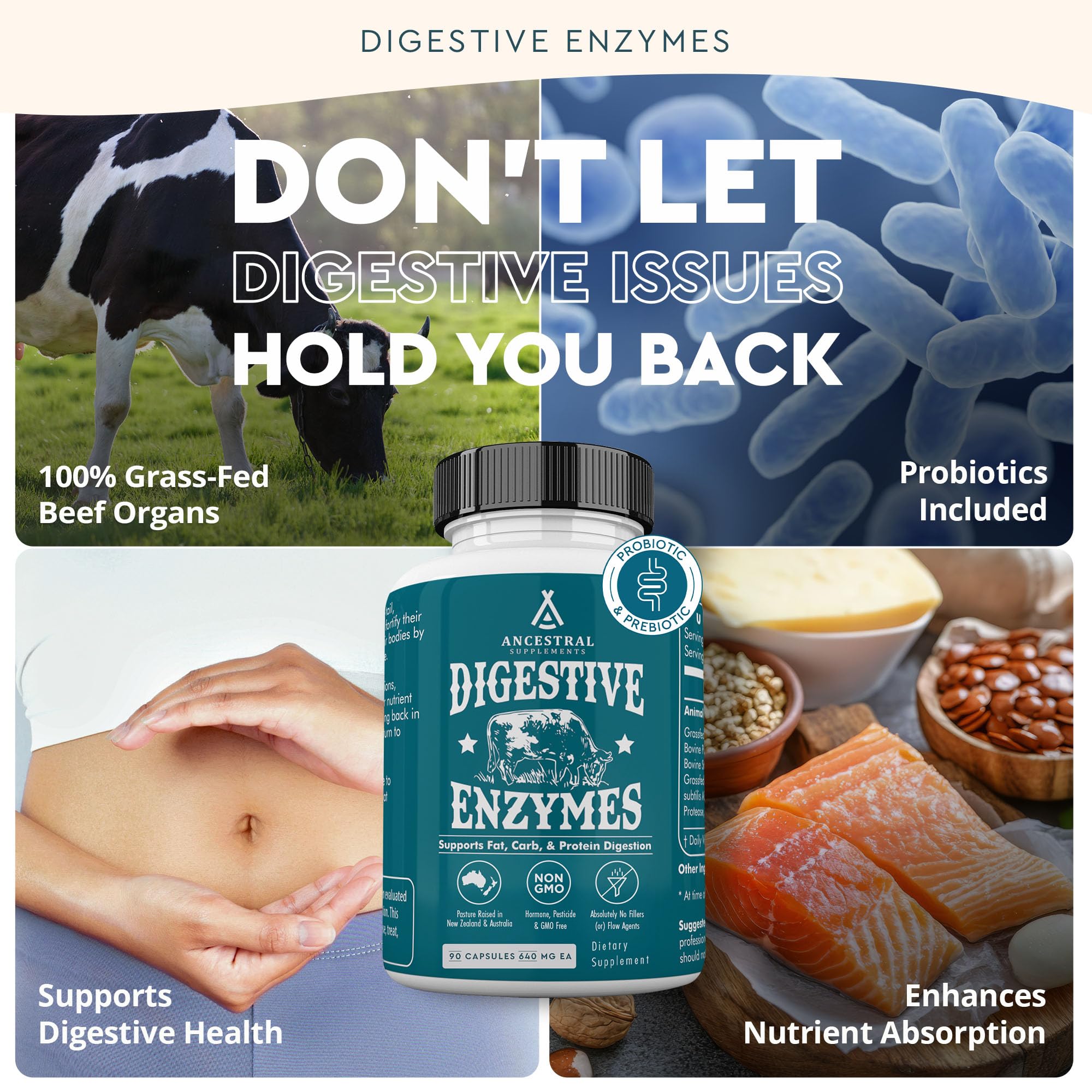 Ancestral Supplements grass-fed organ blend image highlighting kidney, liver, and pancreas nutrients.