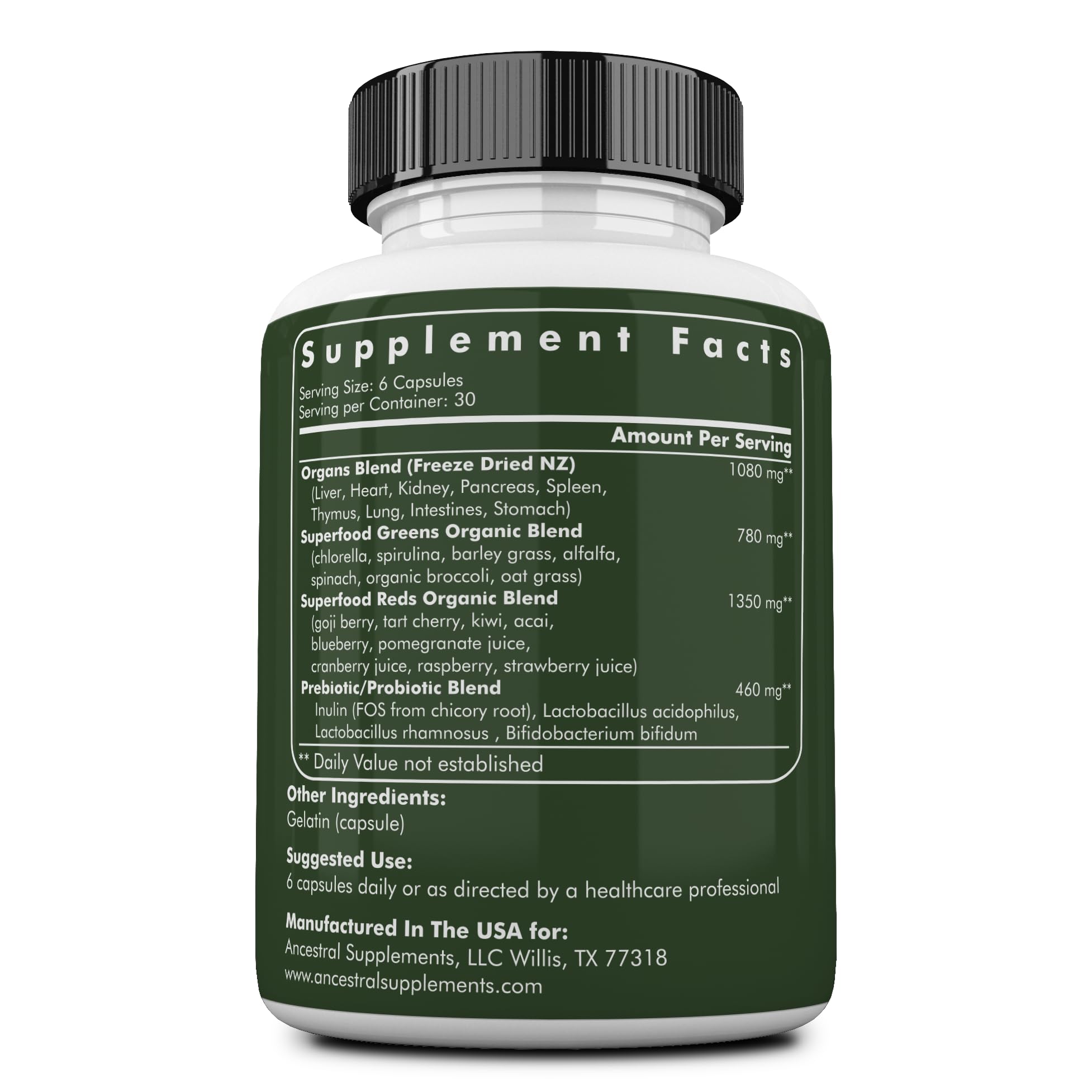 Ancestral Supplements Grass-Fed Organs Blend capsules offering organ-rich daily support.