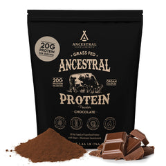Ancestral Supplements grass-fed protein powder chocolate tub for convenient daily protein.