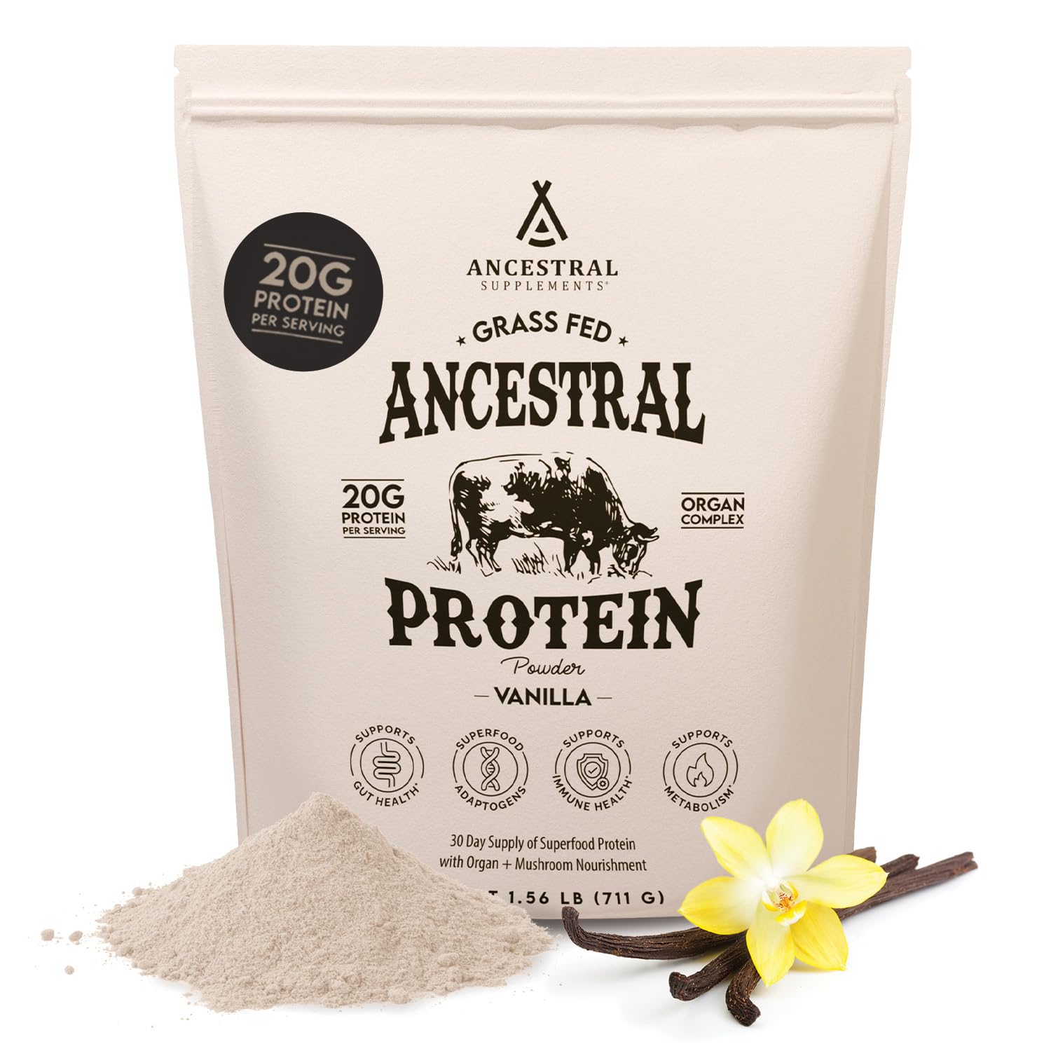Ancestral Supplements grass-fed vanilla protein bottle pour for a smooth shake