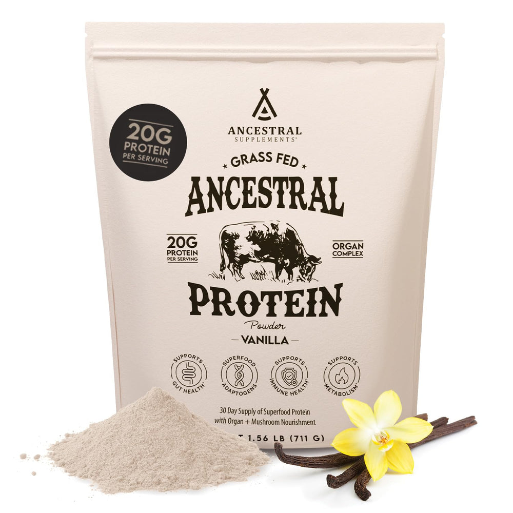 Ancestral Supplements grass-fed vanilla protein bottle pour for a smooth shake