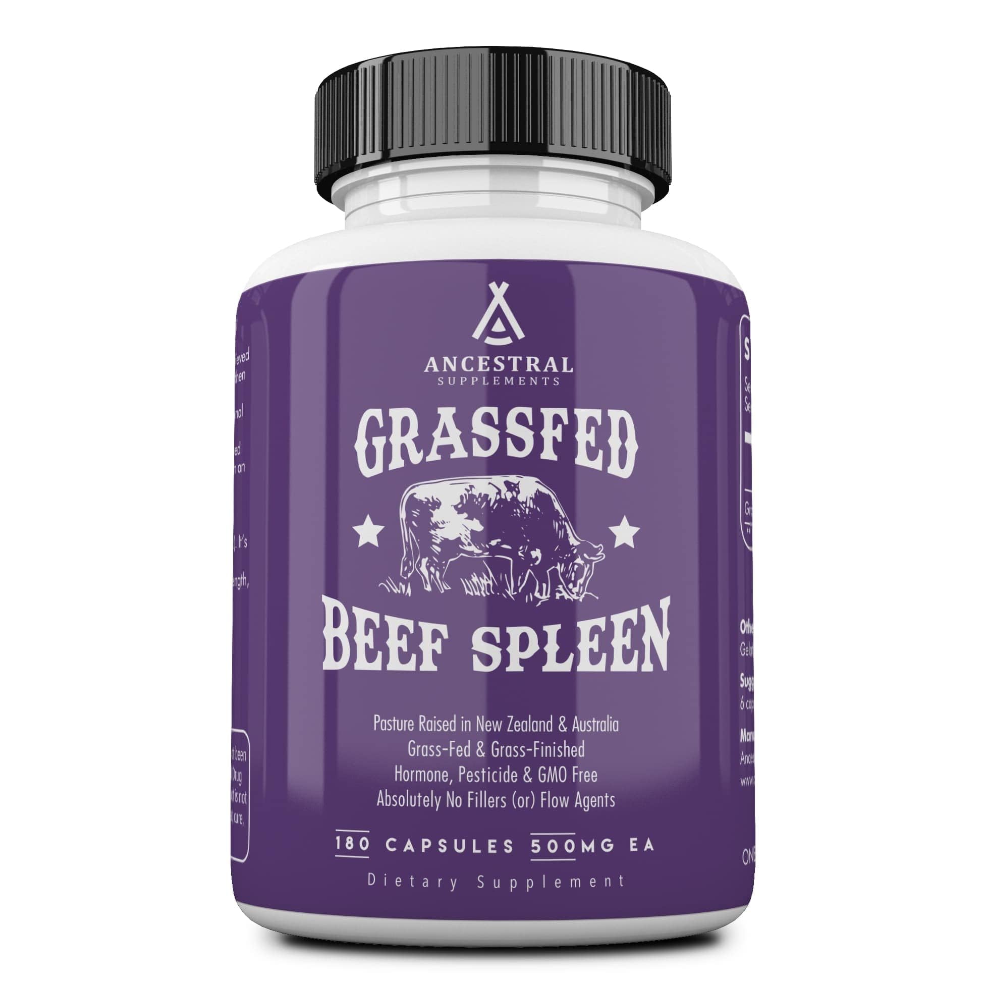 Ancestral Supplements grass-fed spleen bottle highlighting nutrient-dense capsules for daily wellness.