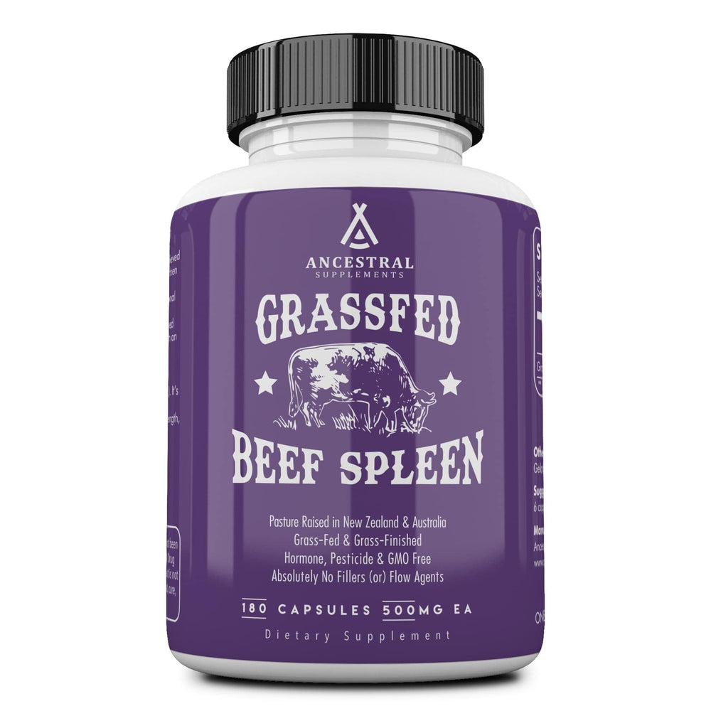 Ancestral Supplements grass-fed spleen bottle highlighting nutrient-dense capsules for daily wellness.