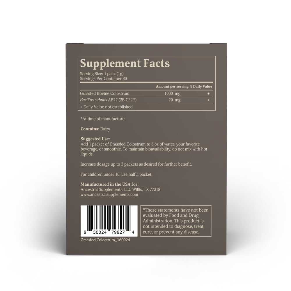 Ancestral Supplements colostrum powder highlighting IgG immune support.