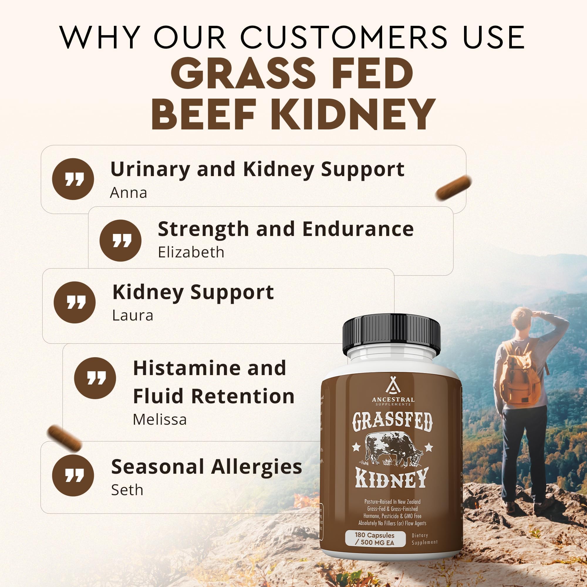 Ancestral Supplements label detail on grass-fed kidney capsules