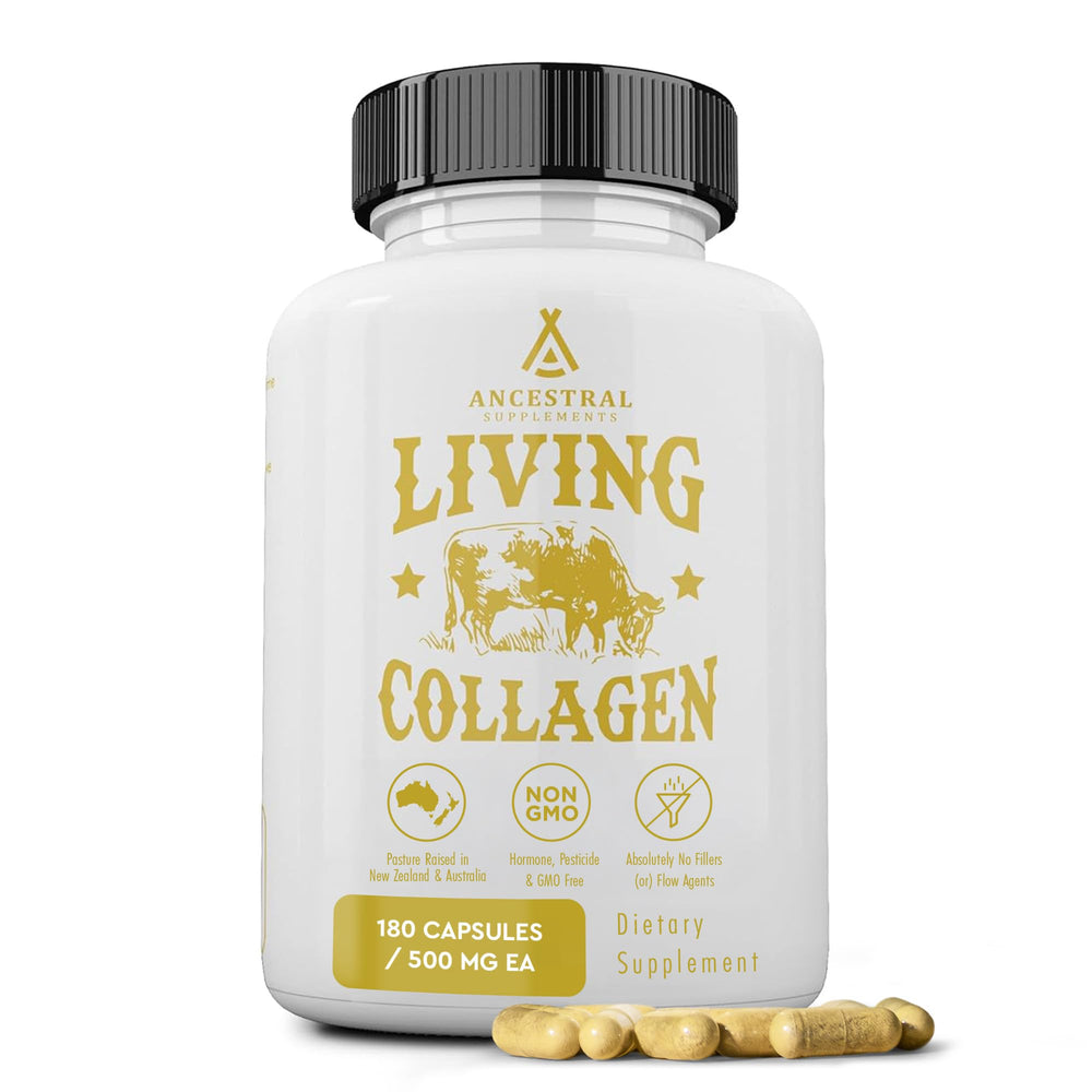 Ancestral Supplements Living Collagen bottle showing grass-fed formula for skin support