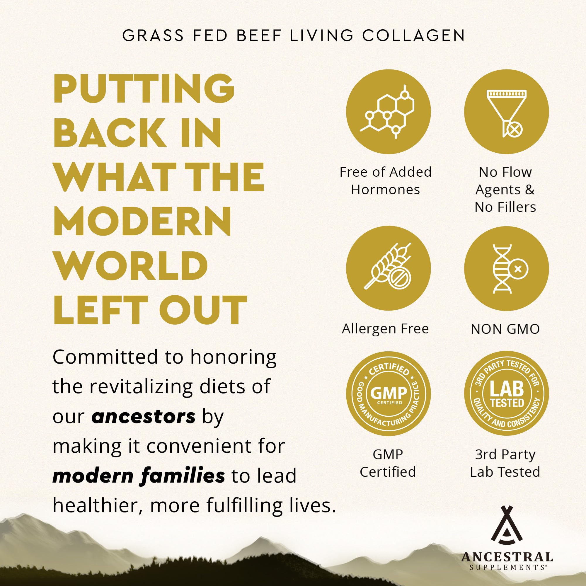 Front label of Ancestral Supplements Living Collagen highlighting Type II collagen