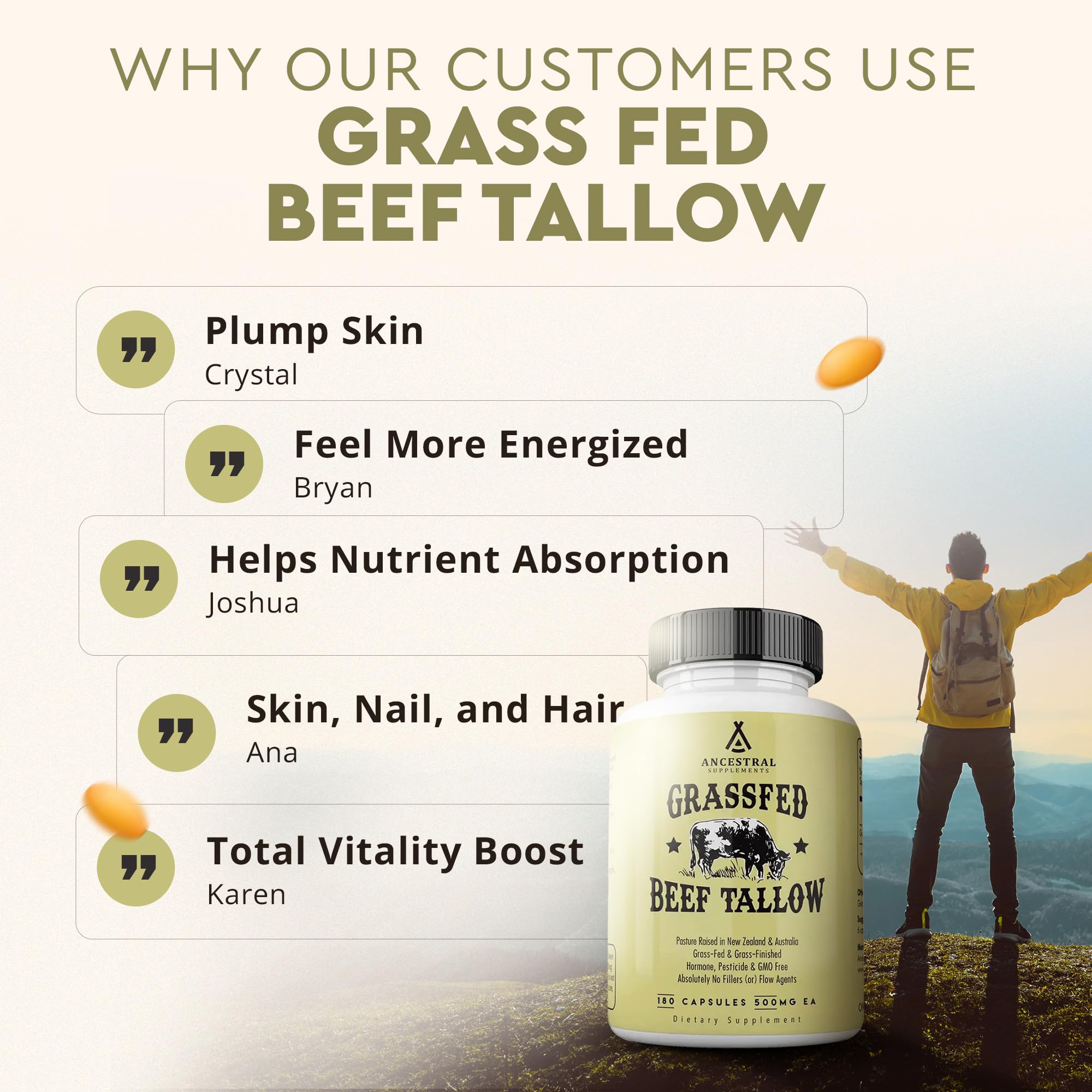 Non-GMO seal on Ancestral Supplements packaging communicates clean ingredients.