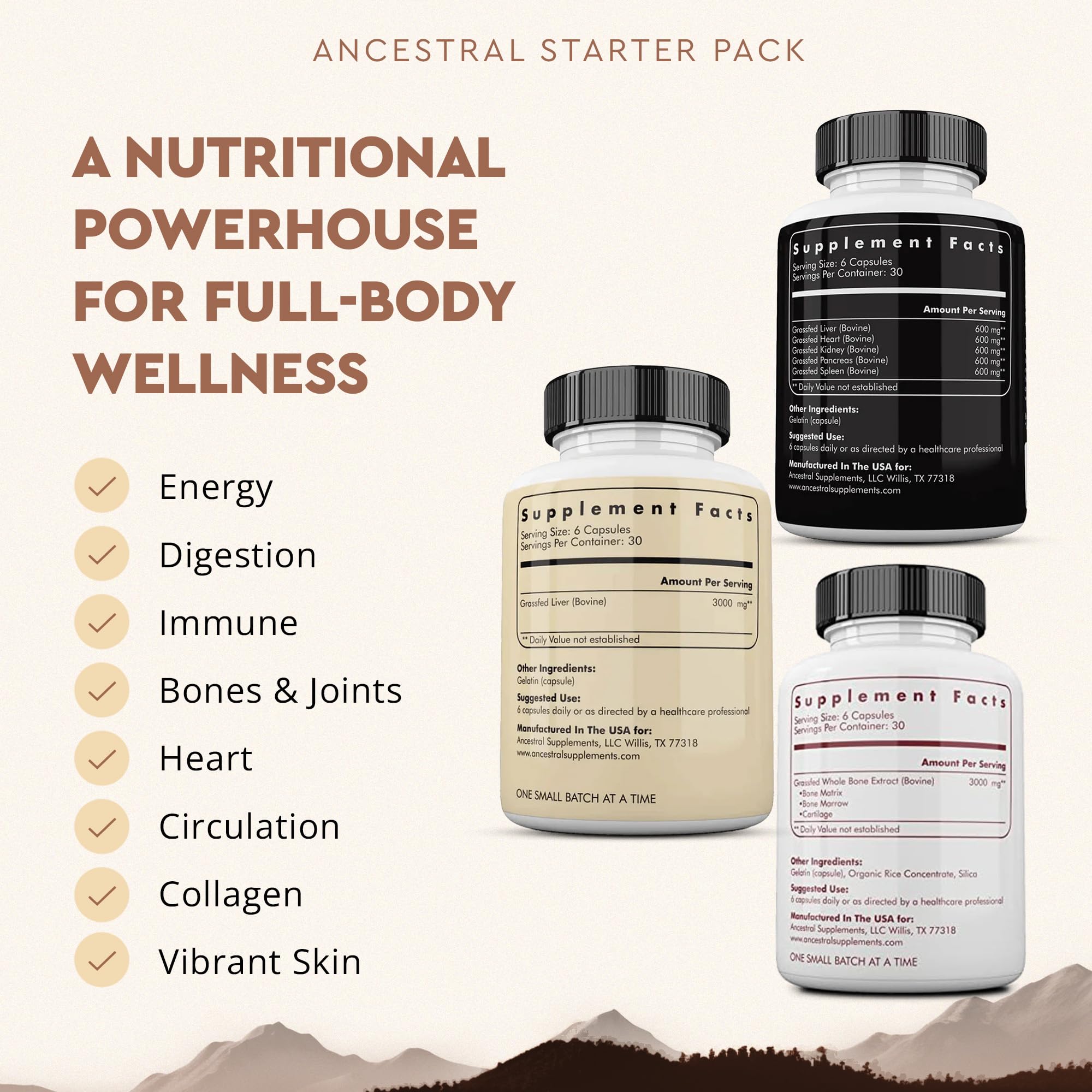 Ancestral Supplements Organs Starter Pack label closeup highlighting grass-fed sourcing and purity