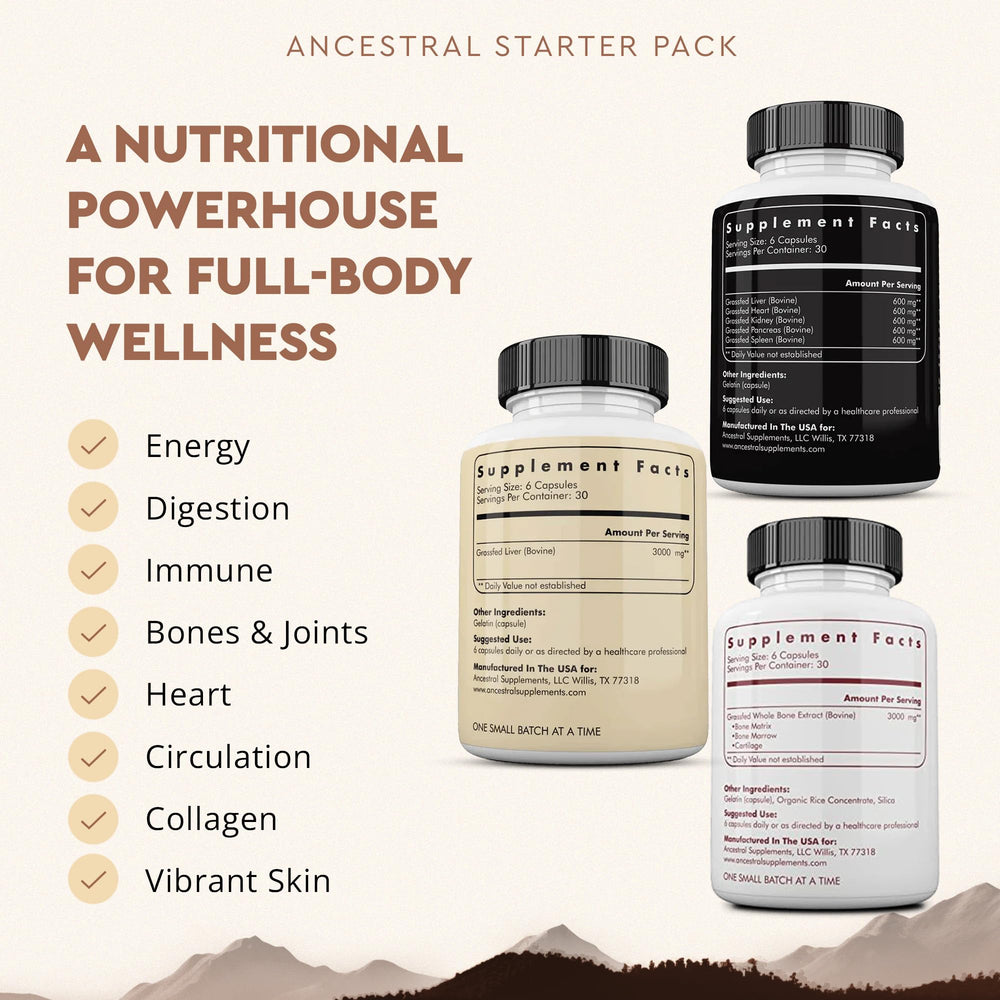 Ancestral Supplements Organs Starter Pack label closeup highlighting grass-fed sourcing and purity