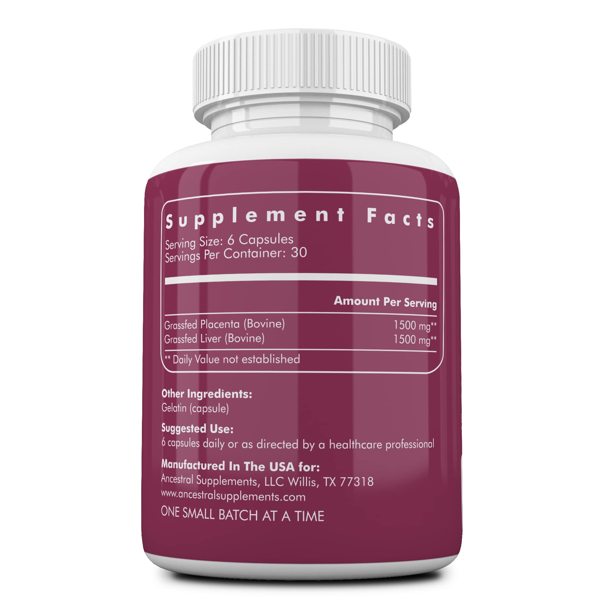 Ancestral Supplements placenta-liver capsules closeup highlighting nutrient-dense, whole-food ingredients