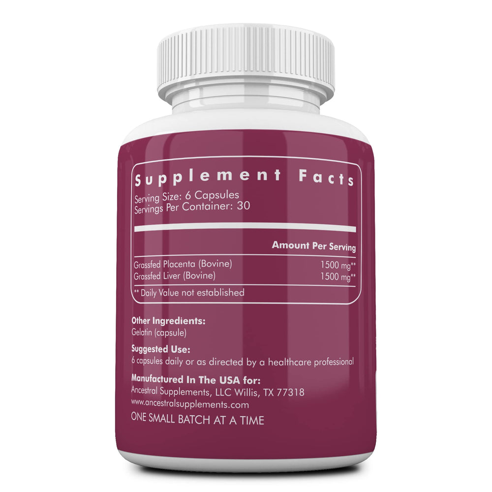 Ancestral Supplements placenta-liver capsules closeup highlighting nutrient-dense, whole-food ingredients