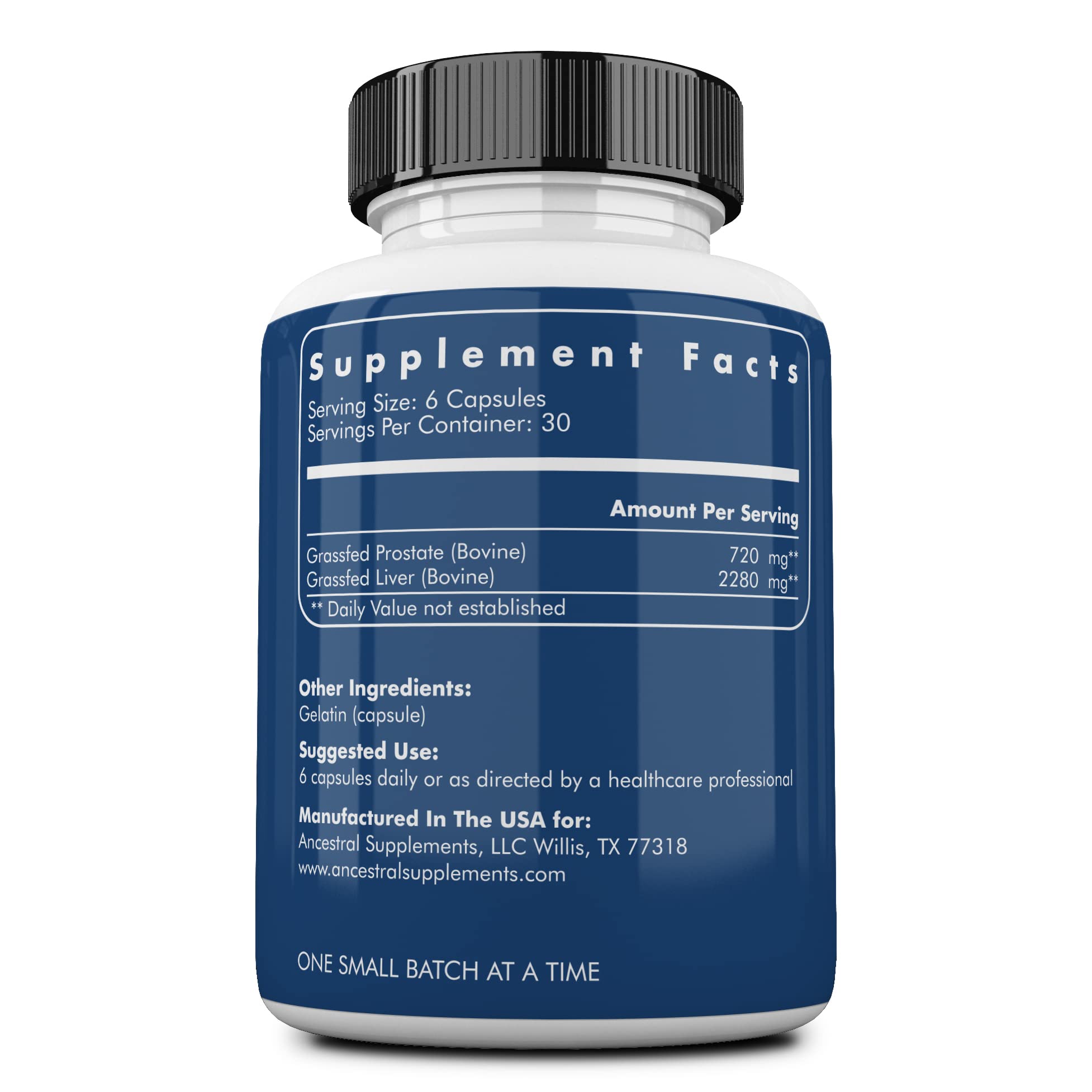 Closeup of Ancestral Supplements prostate and liver capsules for nutrient-dense support