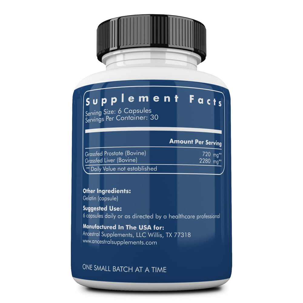 Closeup of Ancestral Supplements prostate and liver capsules for nutrient-dense support