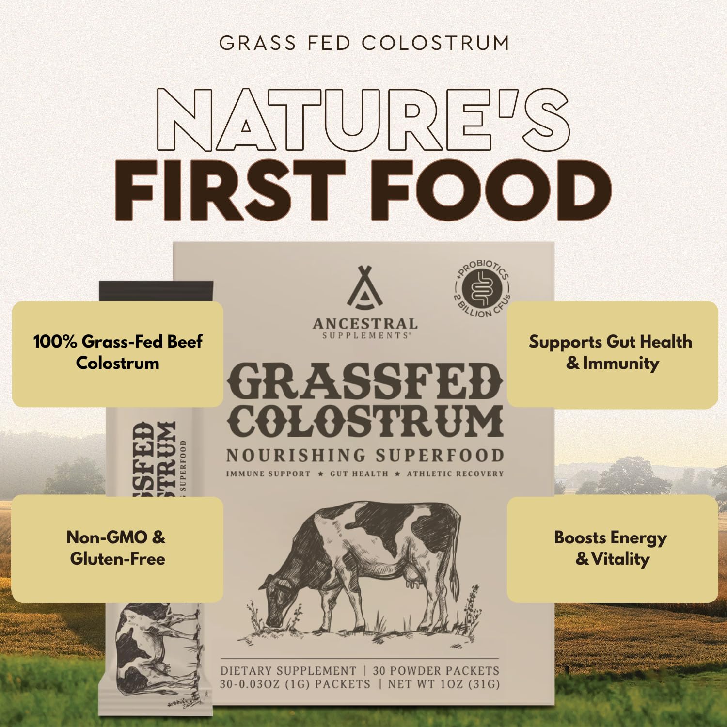 Ancestral Supplements travel-friendly packets for daily colostrum intake.