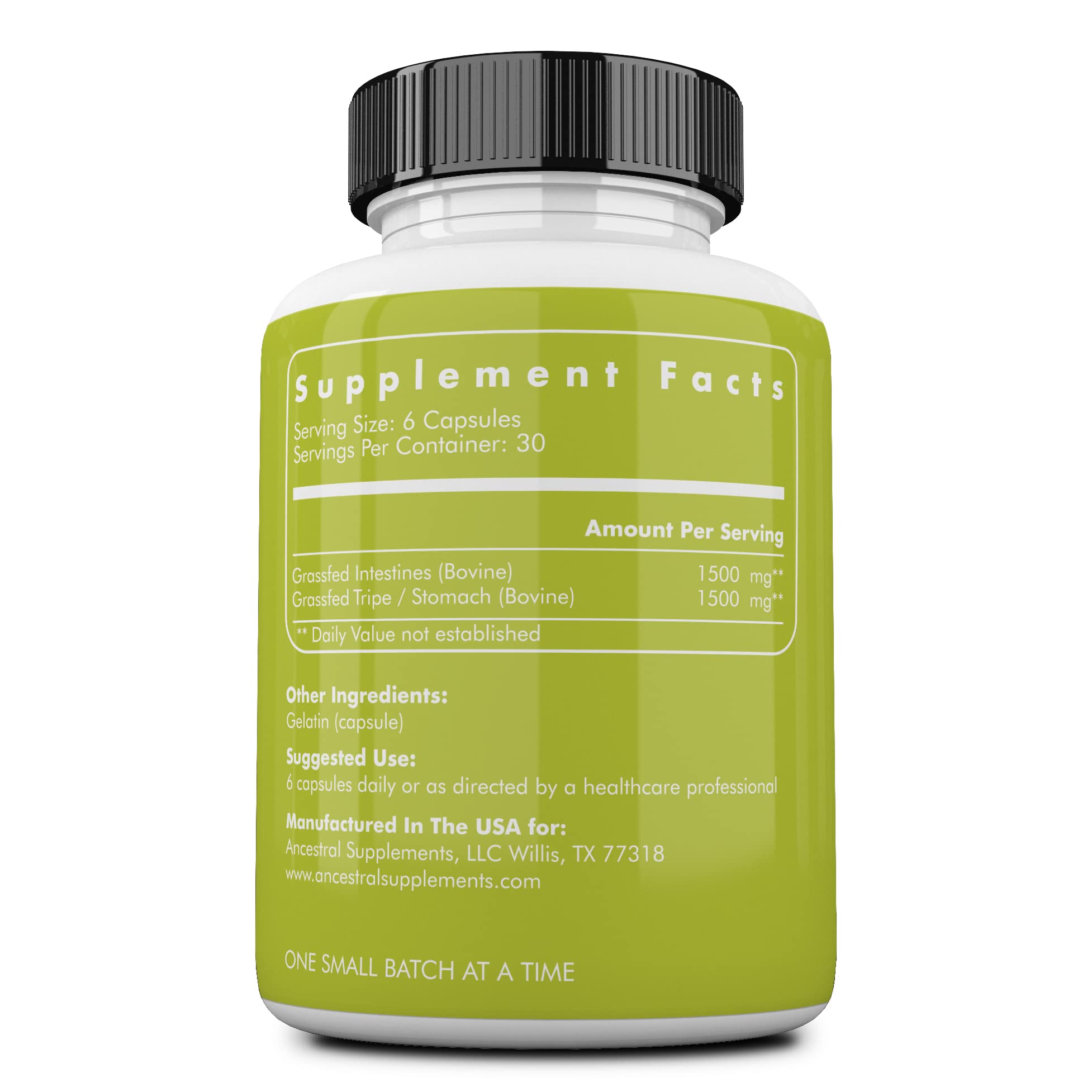 Close-up of Ancestral Supplements tripe capsules highlighting gut-friendly protein.