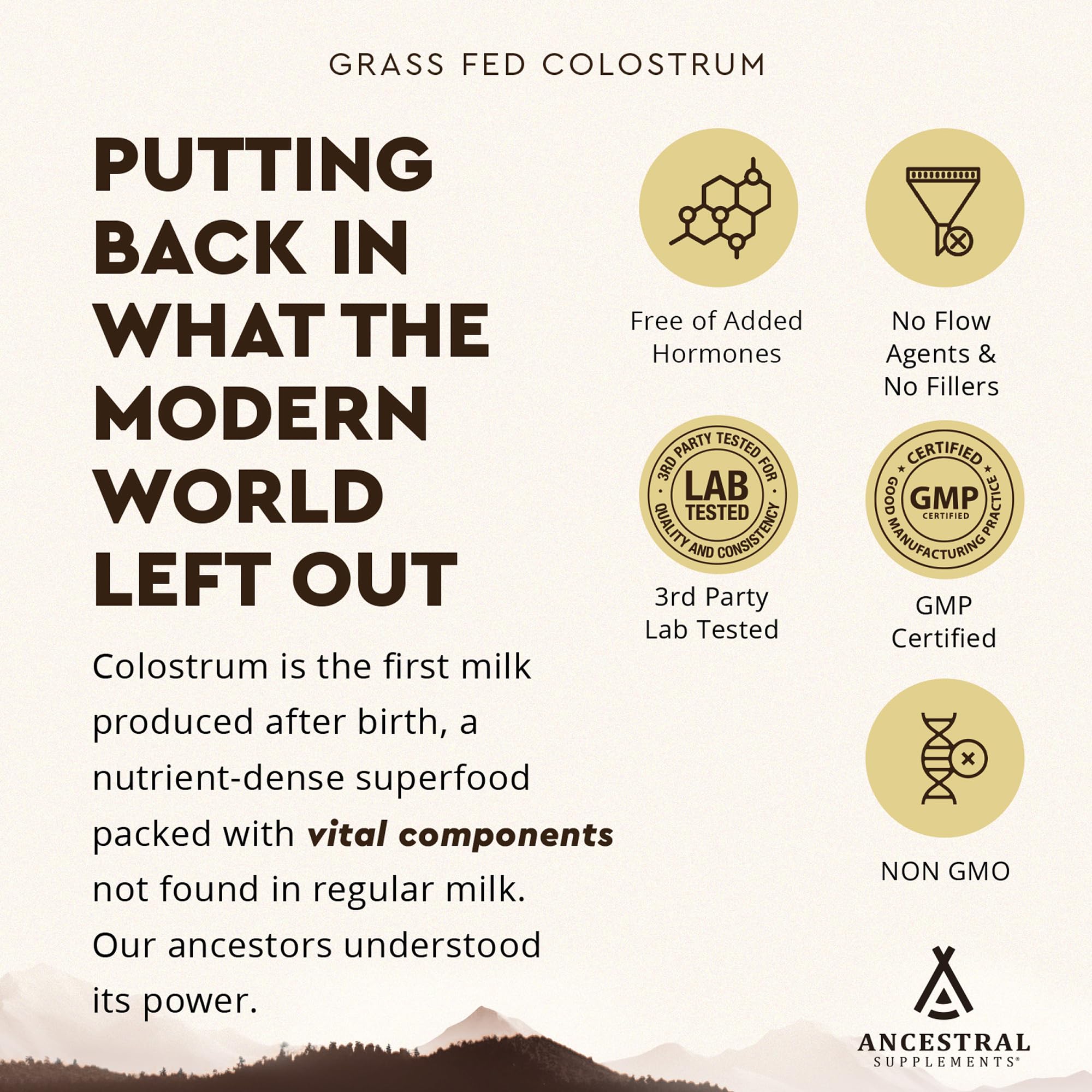 Ancestral Supplements unflavored colostrum packets for versatile mixing.