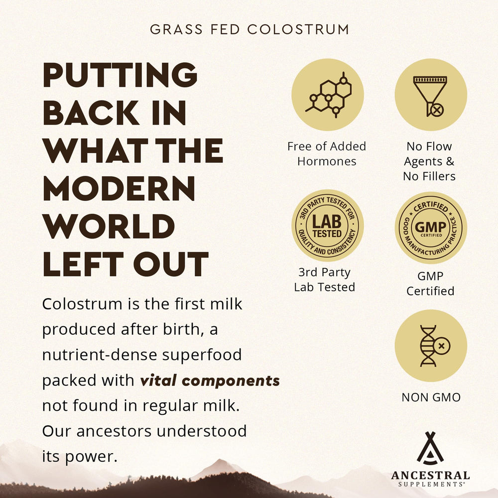 Ancestral Supplements unflavored colostrum packets for versatile mixing.