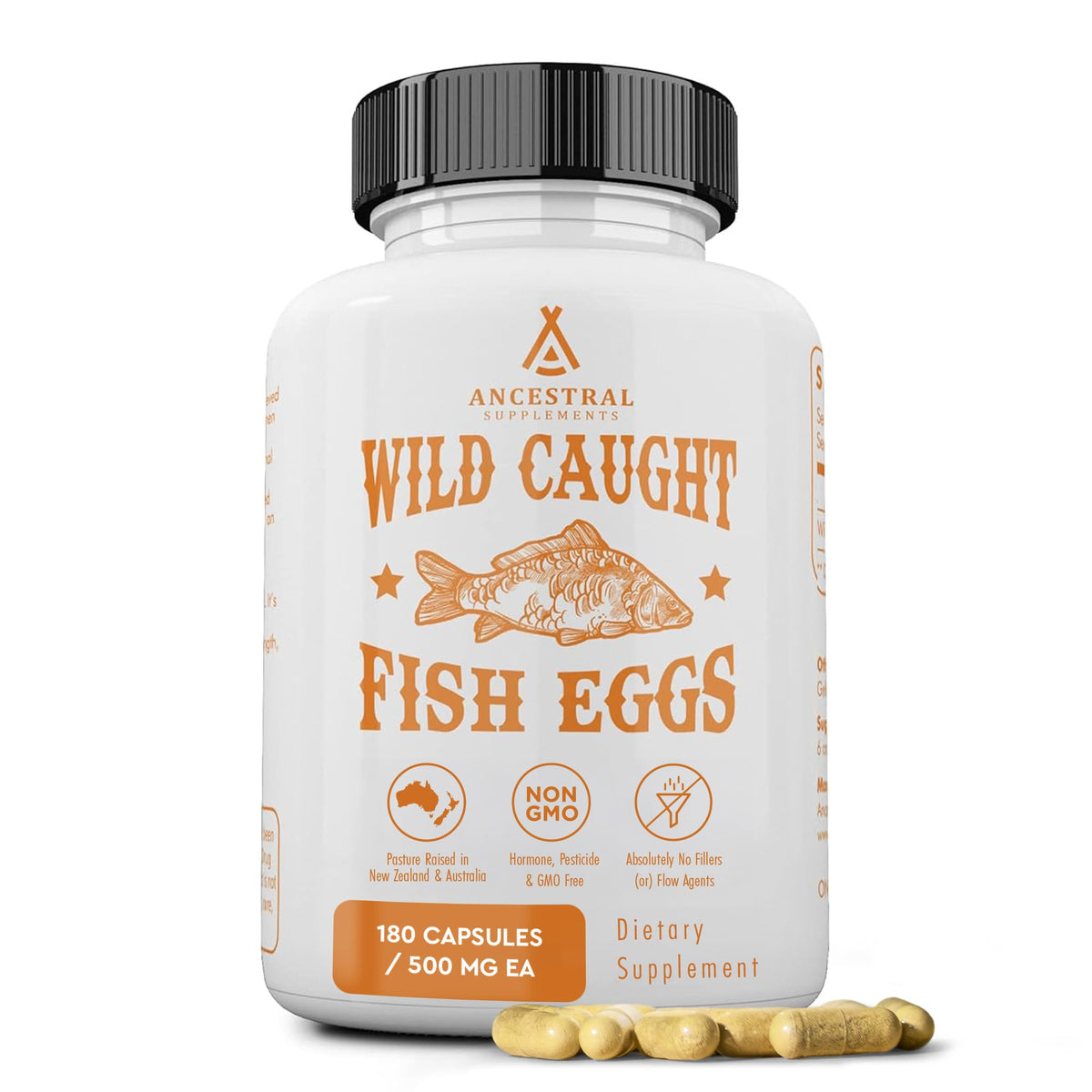Ancestral Supplements wild caught fish eggs bottle pouring with omega-3 benefits for brain and heart.