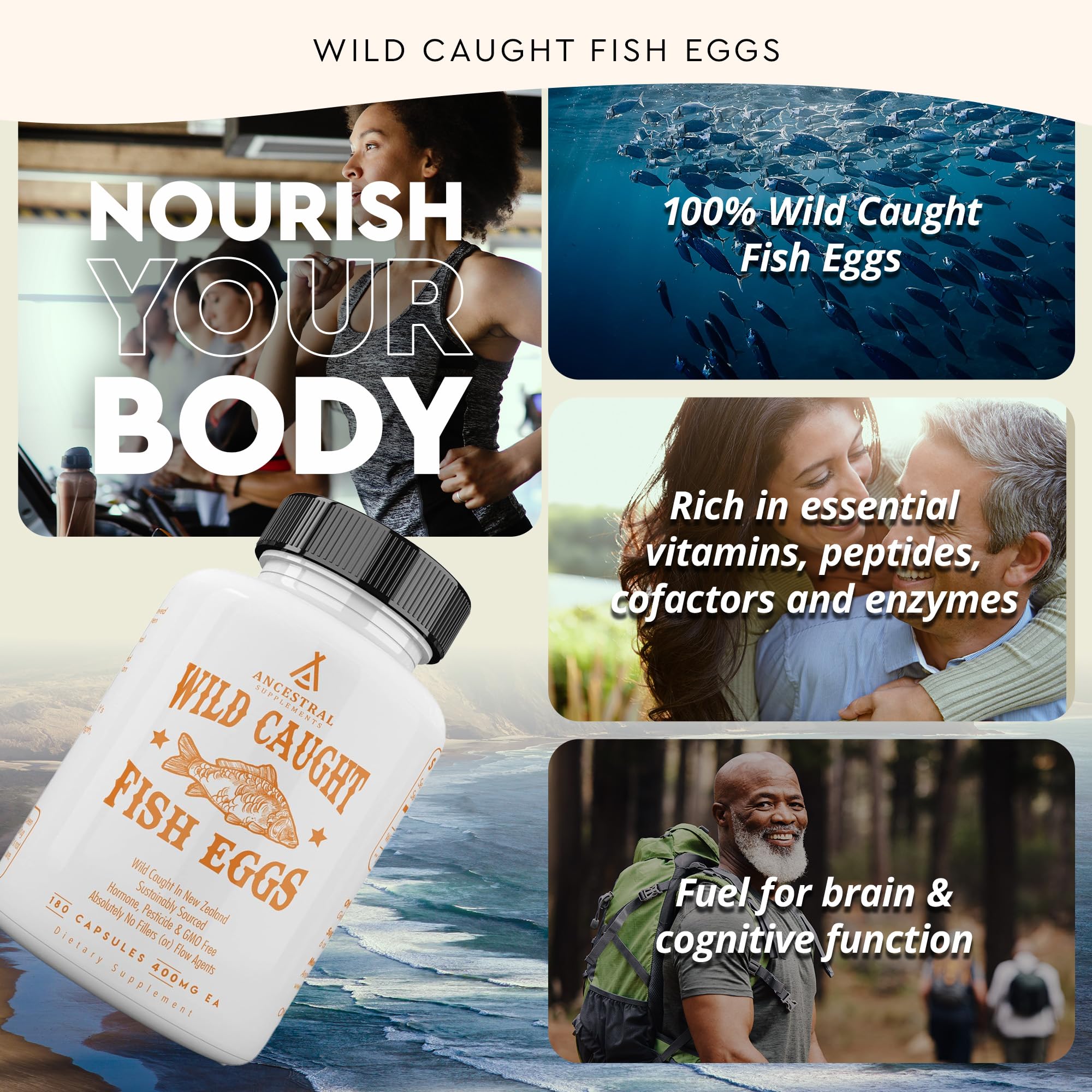 Ancestral Supplements fish eggs capsules closeup highlighting nutrient-dense formula for vitality.