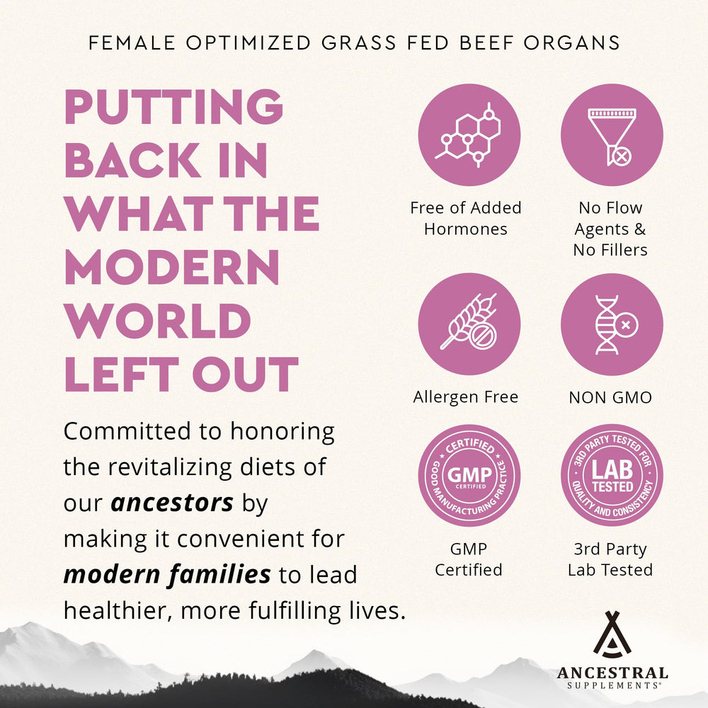 Ancestral Supplements FEM heart capsule presents energy-supporting nutrients for daily activities.