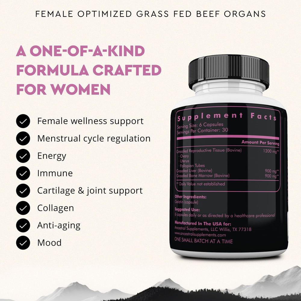 Ancestral Supplements FEM liver capsule, nutrient-dense organ support for vitality.