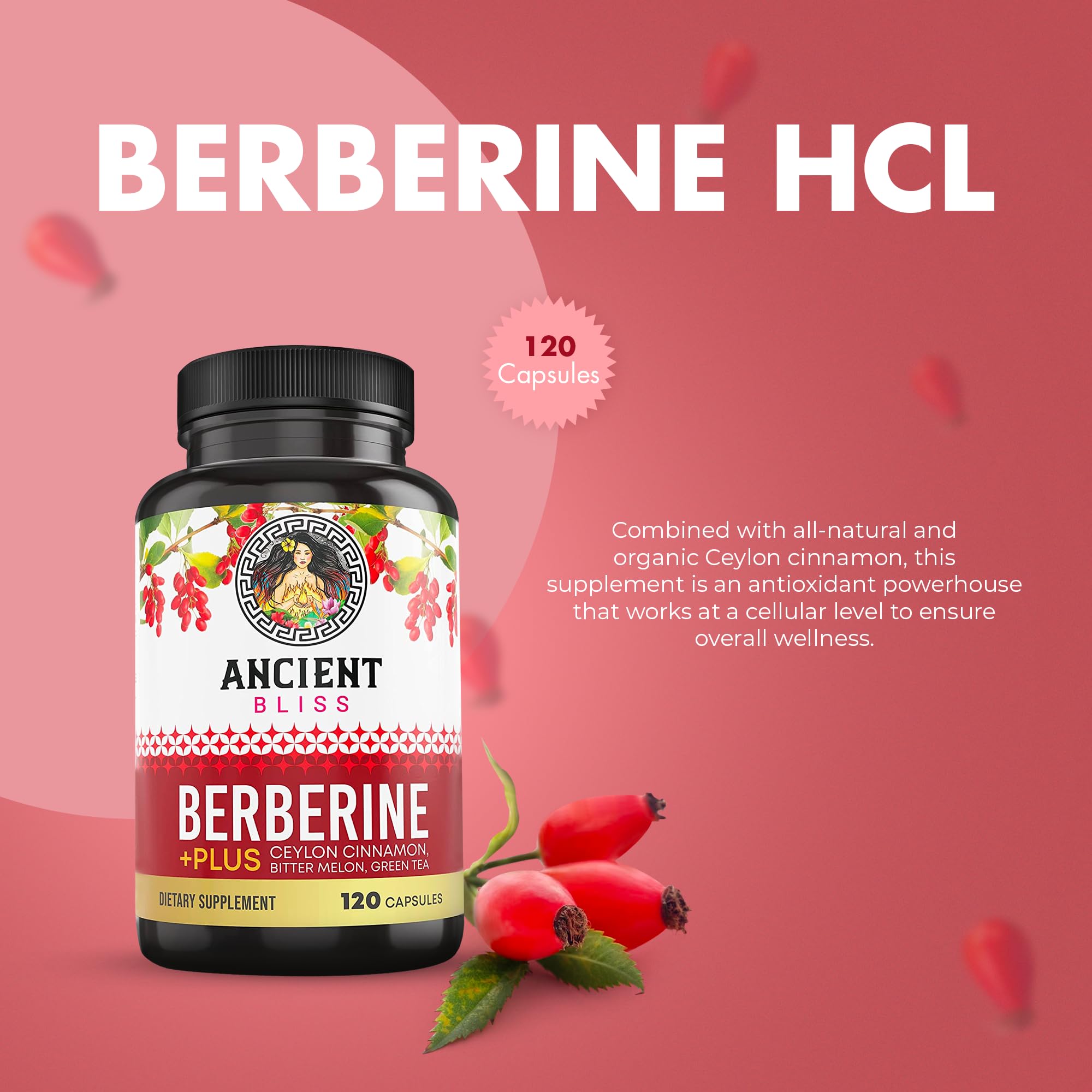 Ancient Bliss berberine cinnamon capsules, showcasing a synergy for metabolism support.