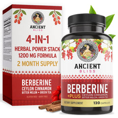 Ancient Bliss berberine HCL bottle close-up, highlighting wellness support and daily supplement routine.