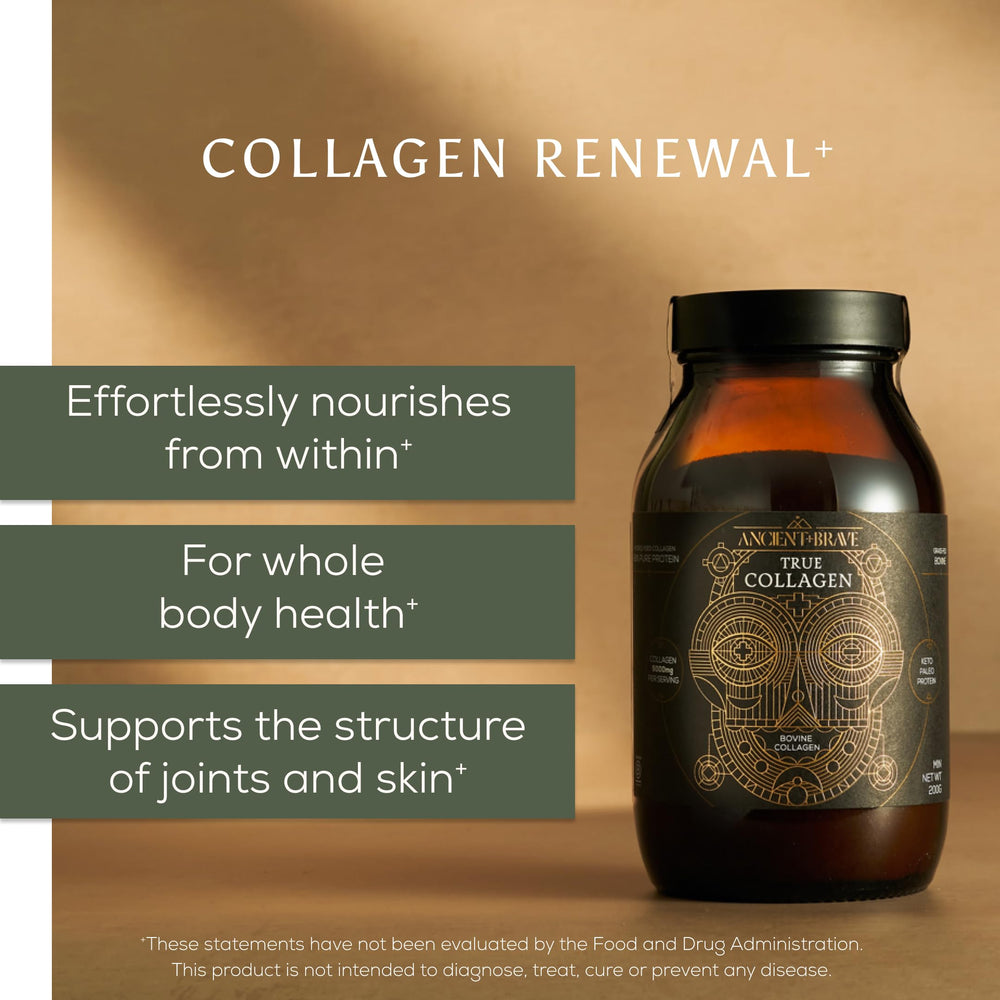 Ancient + Brave collagen powder scoop-dispense; precise 5g serving for consistent intake.