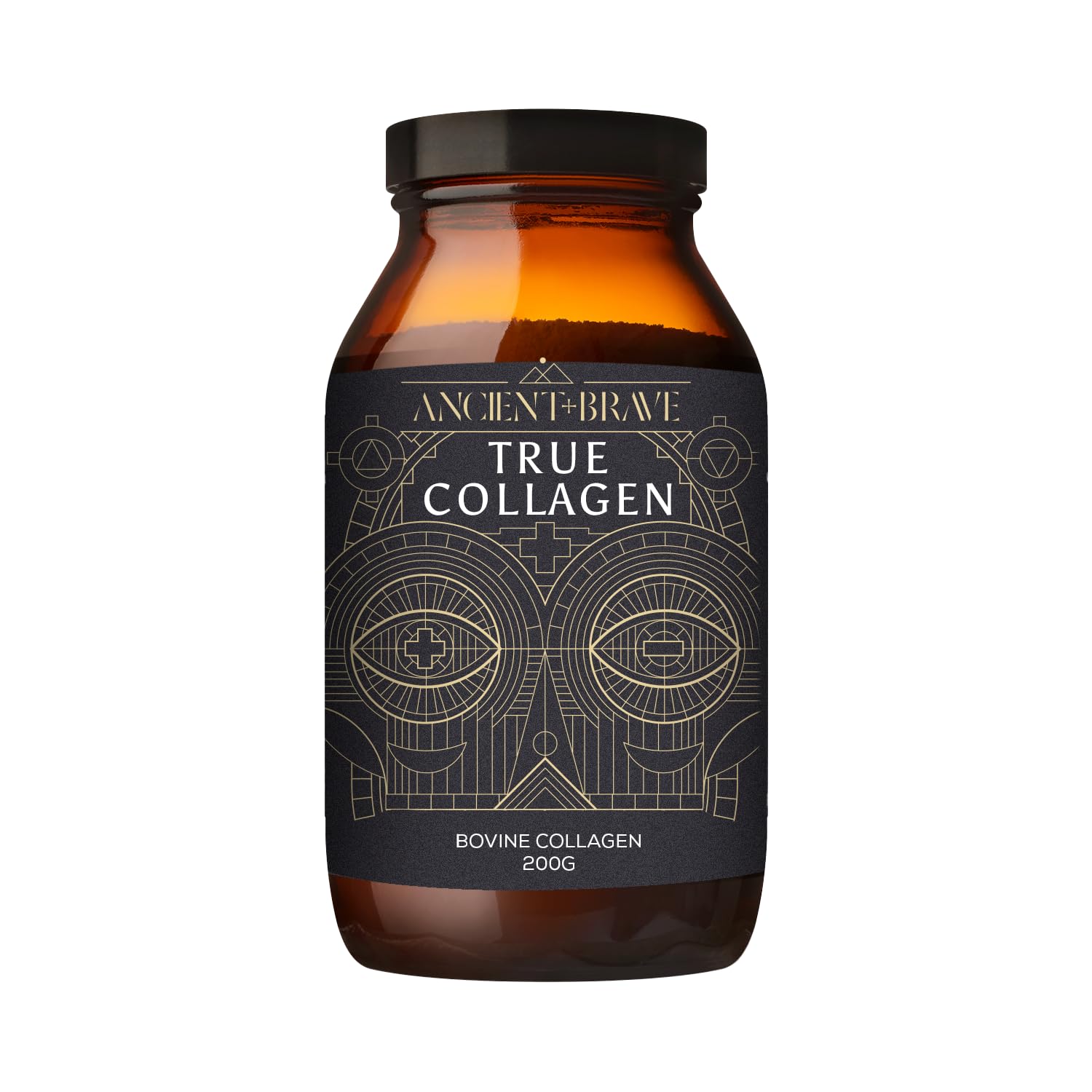 Ancient + Brave collagen powder tub front; neutral taste blends into coffee and smoothies.