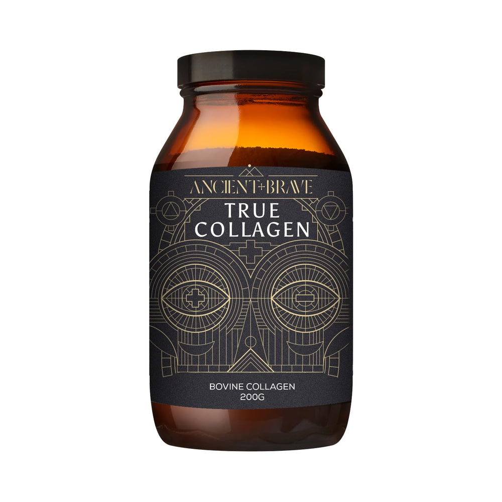 Ancient + Brave collagen powder tub front; neutral taste blends into coffee and smoothies.