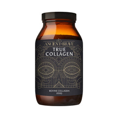 Ancient + Brave collagen powder tub front; neutral taste blends into coffee and smoothies.