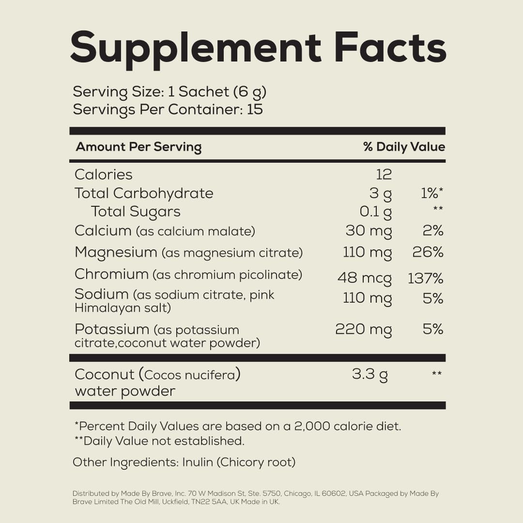 Ancient + Brave True Hydrate nutrition label highlighting minerals and electrolytes.
