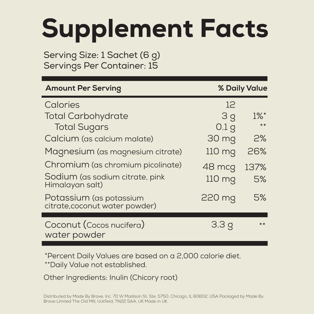 Ancient + Brave True Hydrate nutrition label highlighting minerals and electrolytes.