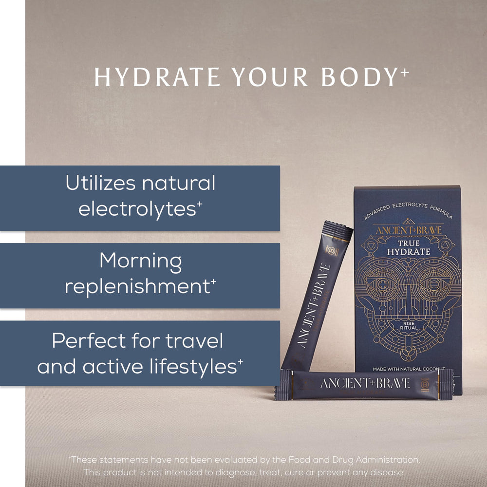 Ancient + Brave True Hydrate pouring into water for quick hydration.