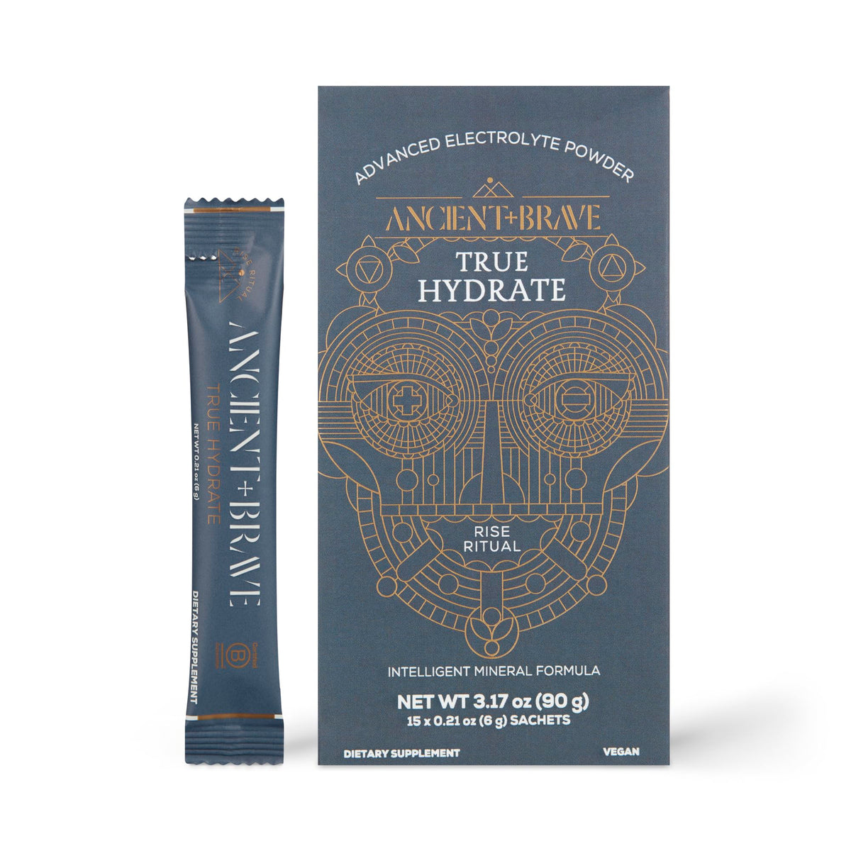 Ancient + Brave True Hydrate sachet pack ready to mix for daily hydration.