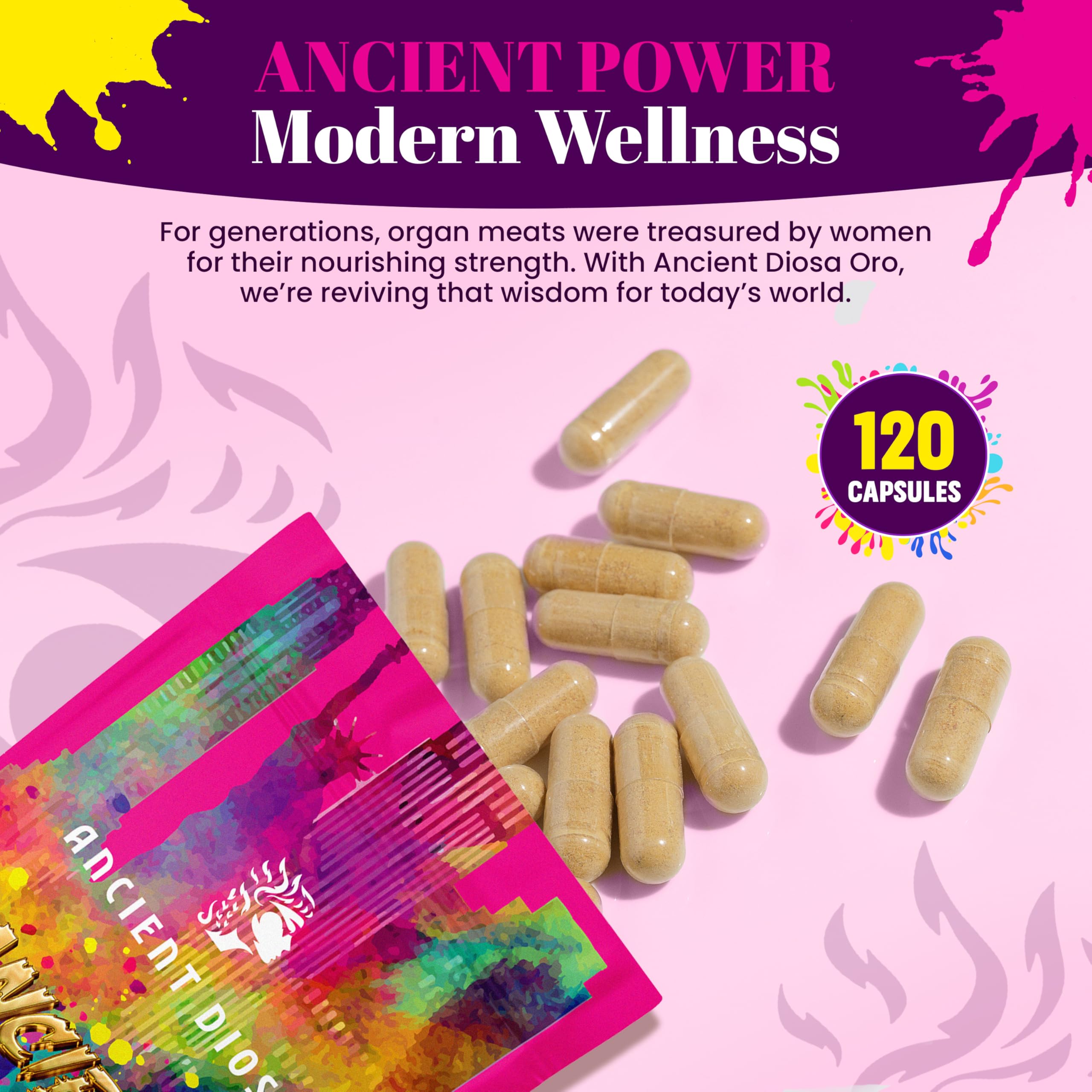 Ancient Diosa front packaging with logo focusing on daily hormone and energy support.