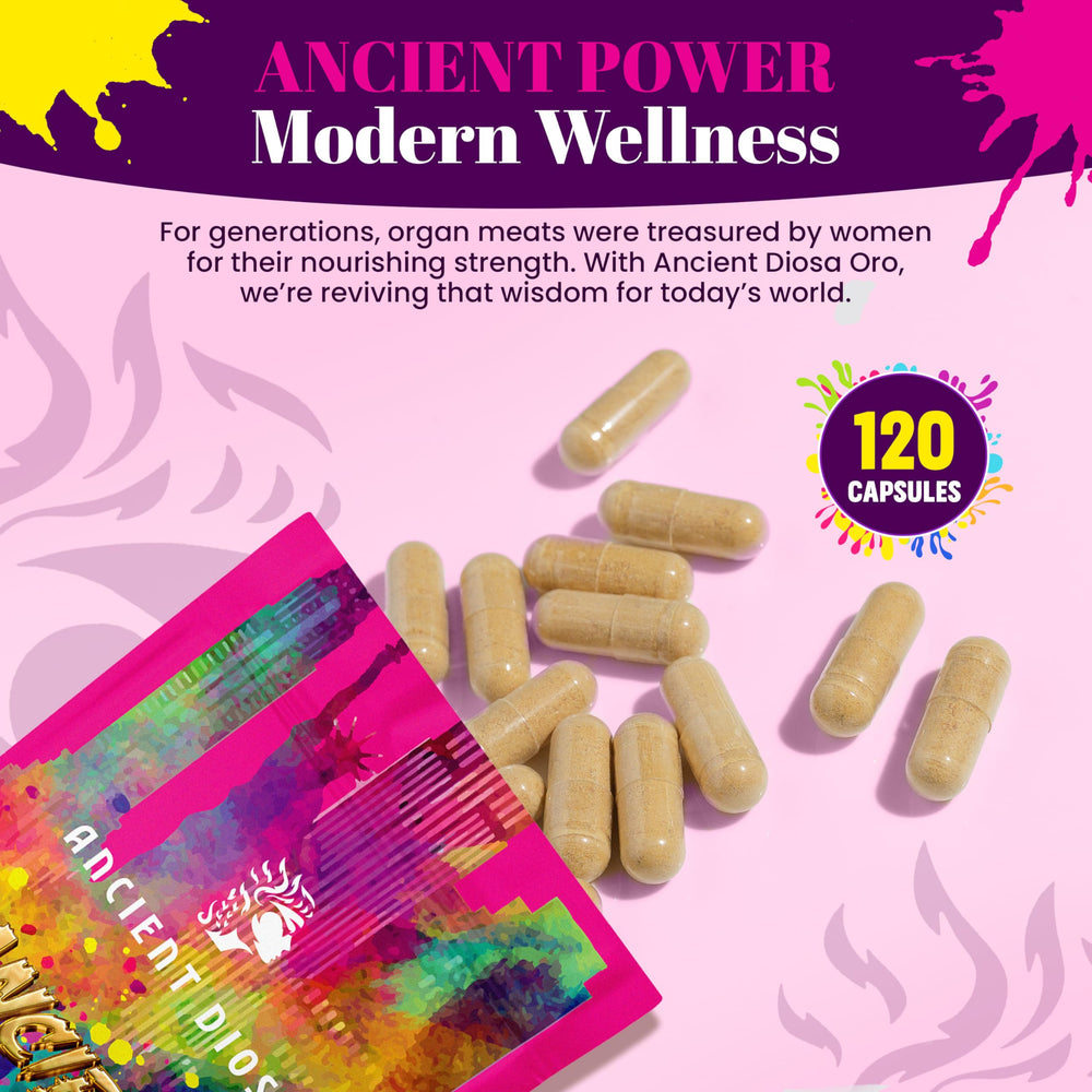 Ancient Diosa front packaging with logo focusing on daily hormone and energy support.