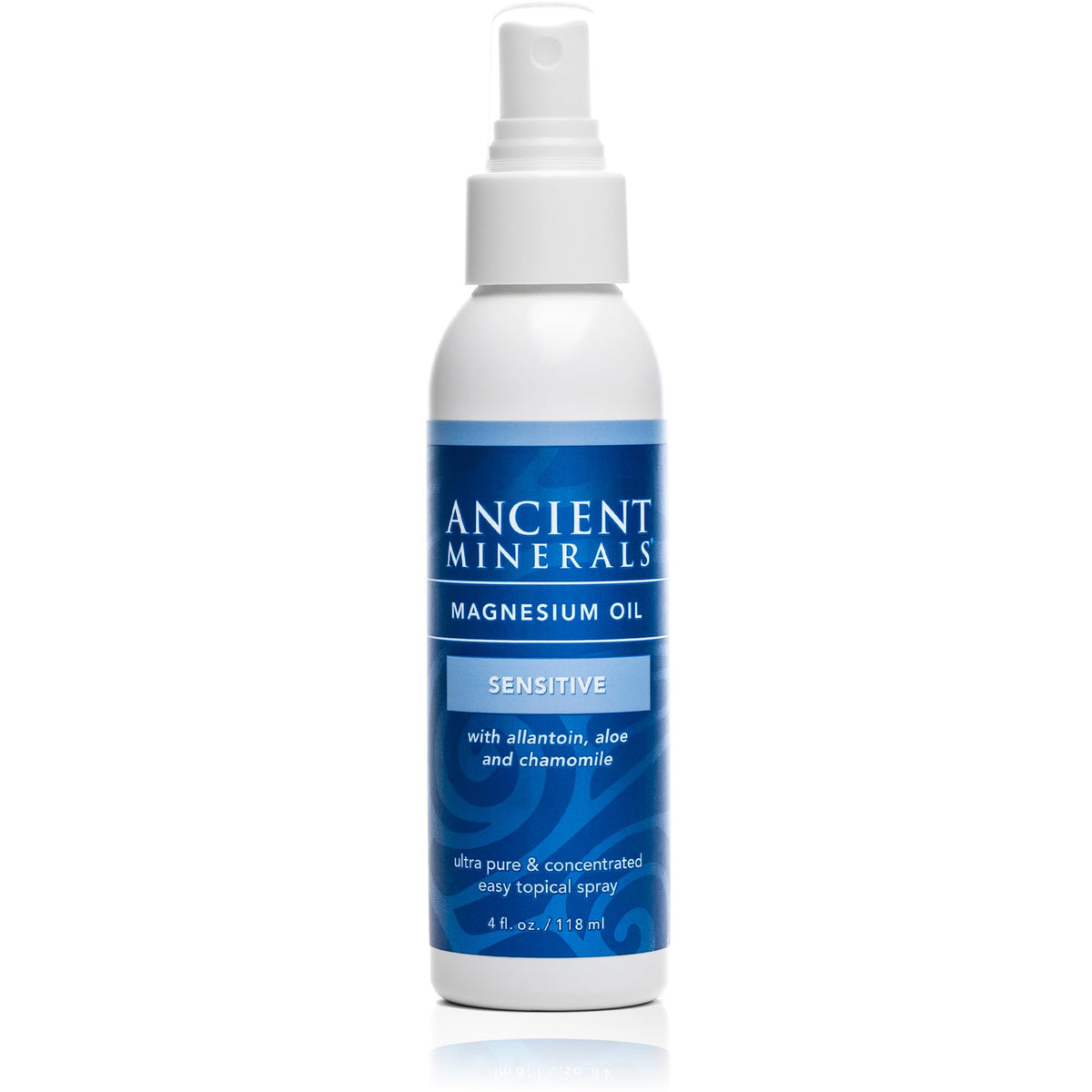 Ancient Minerals magnesium oil spray sensitive bottle for gentle, fragrance-free application.