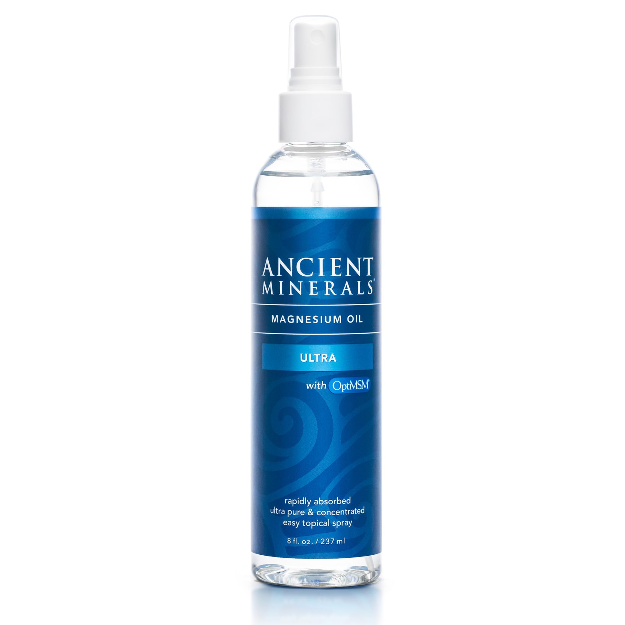 Ancient Minerals Ultra Magnesium Oil Spray bottle, front view for daily use.