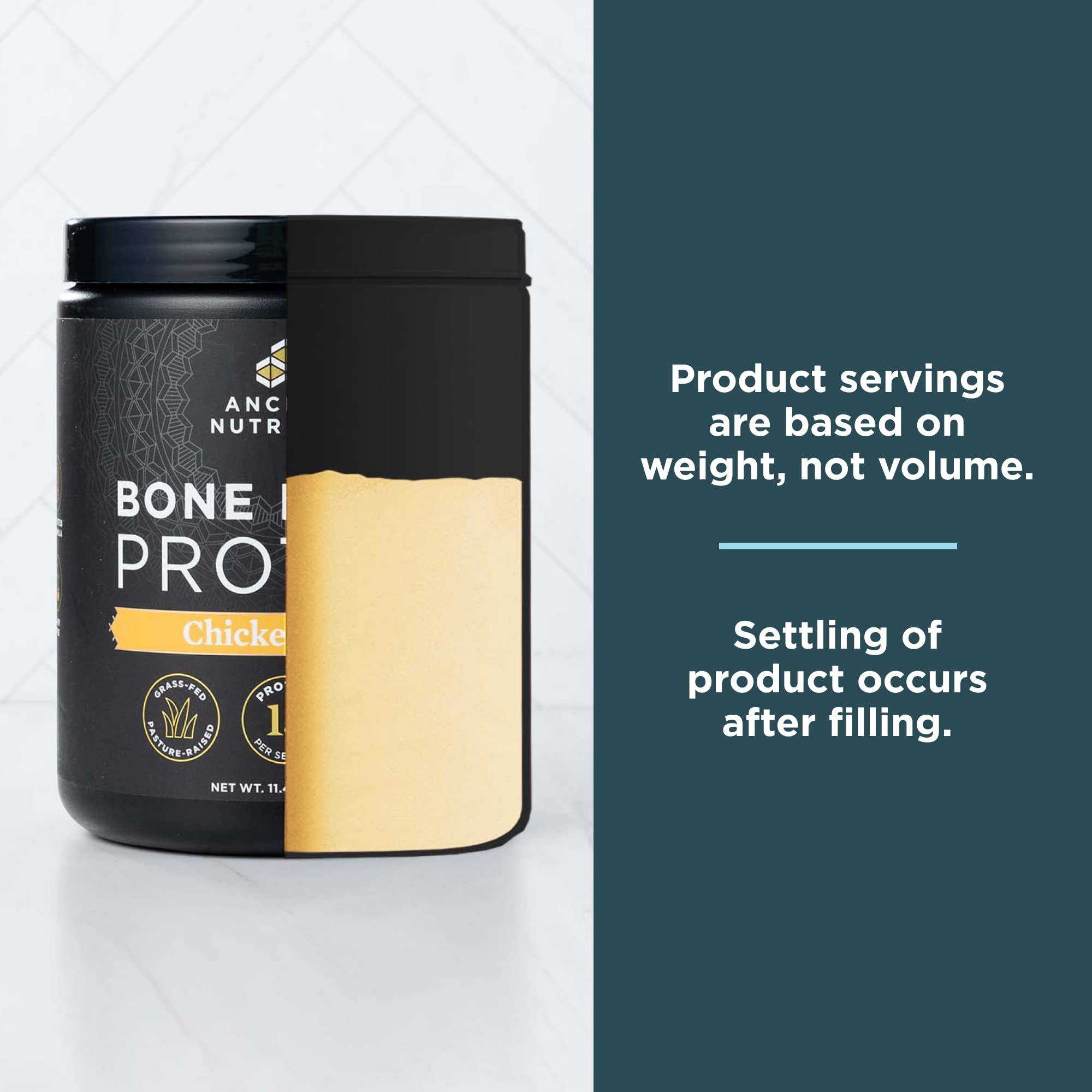 Ancient Nutrition tub emphasizing 15g protein per serving for a satisfying snack