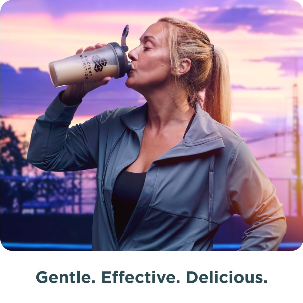 Packaging image of Ancient Nutrition 18 servings bottle highlighting organic ingredients